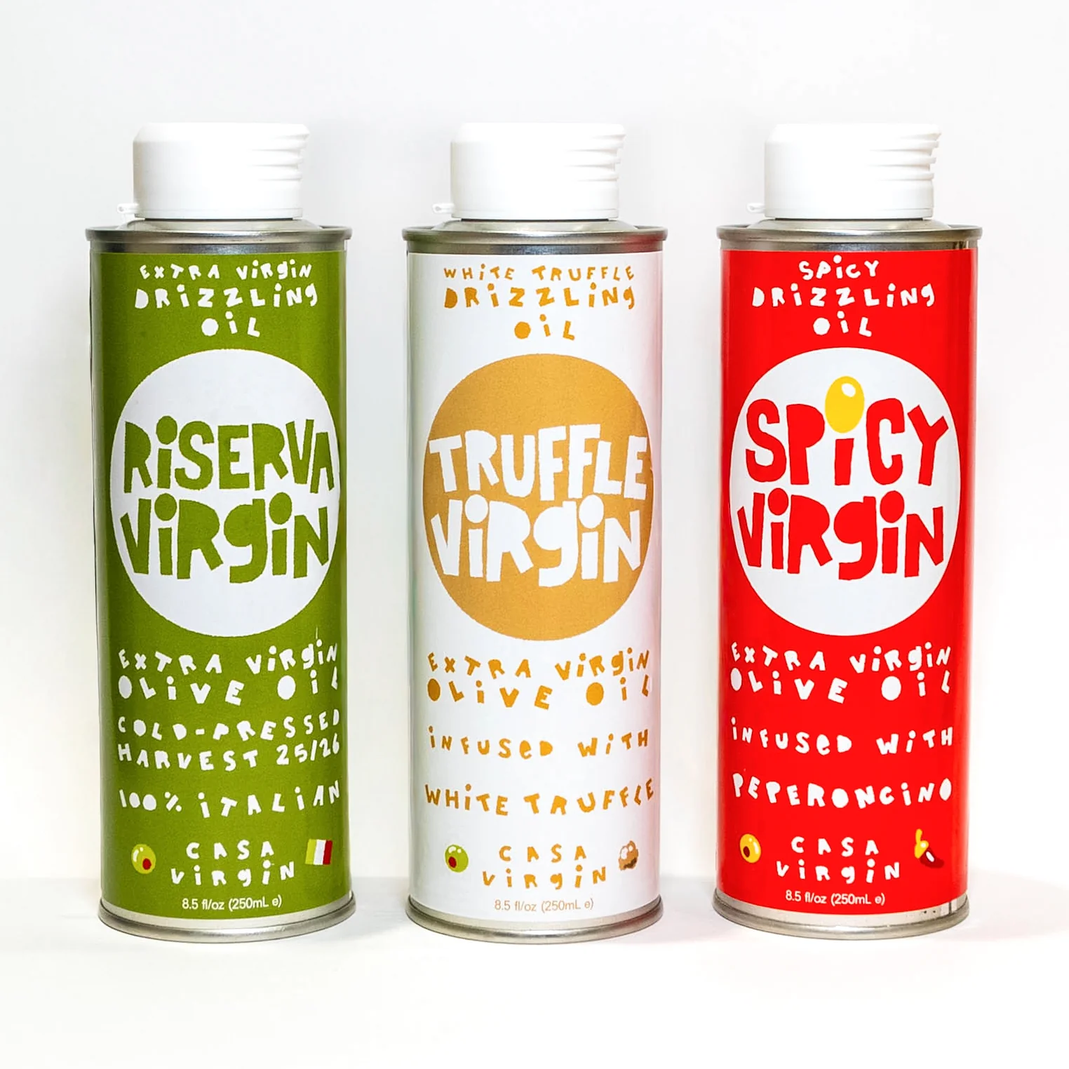 Complete Casa Virgin lineup: Riserva Virgin, Truffle Virgin, and Spicy Virgin