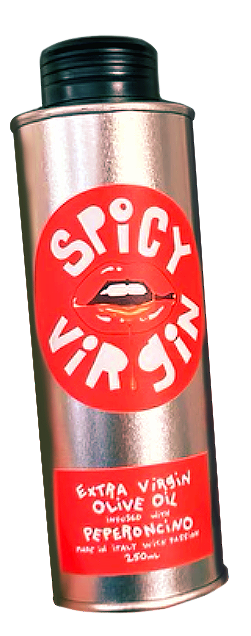 Lips-led Spicy Virgin concept applied to a metal tin