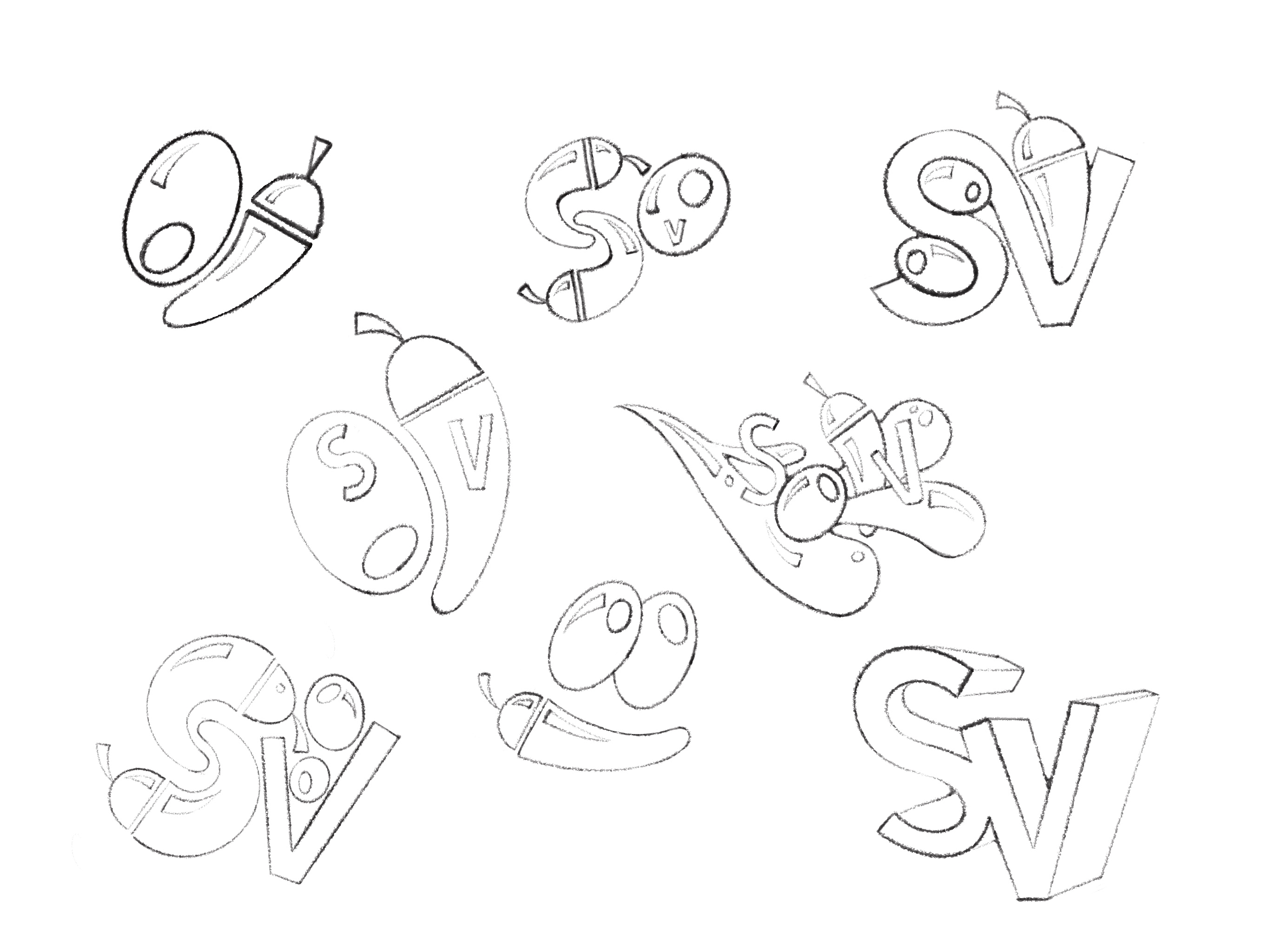 Pencil studies exploring Spicy Virgin initials, olives, and peppers