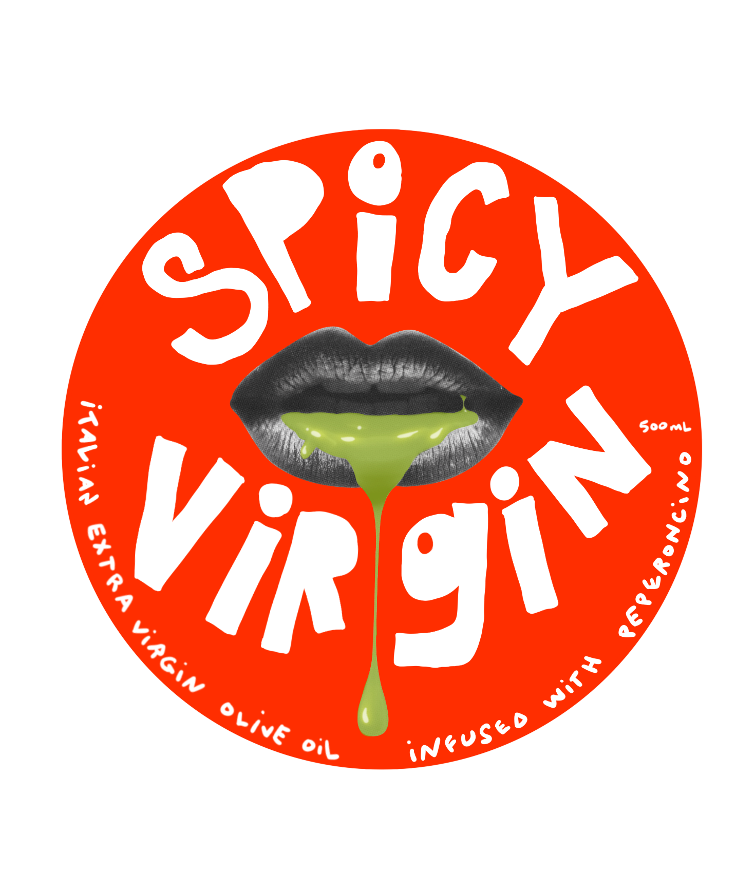 Early circular Spicy Virgin mark featuring dripping lips