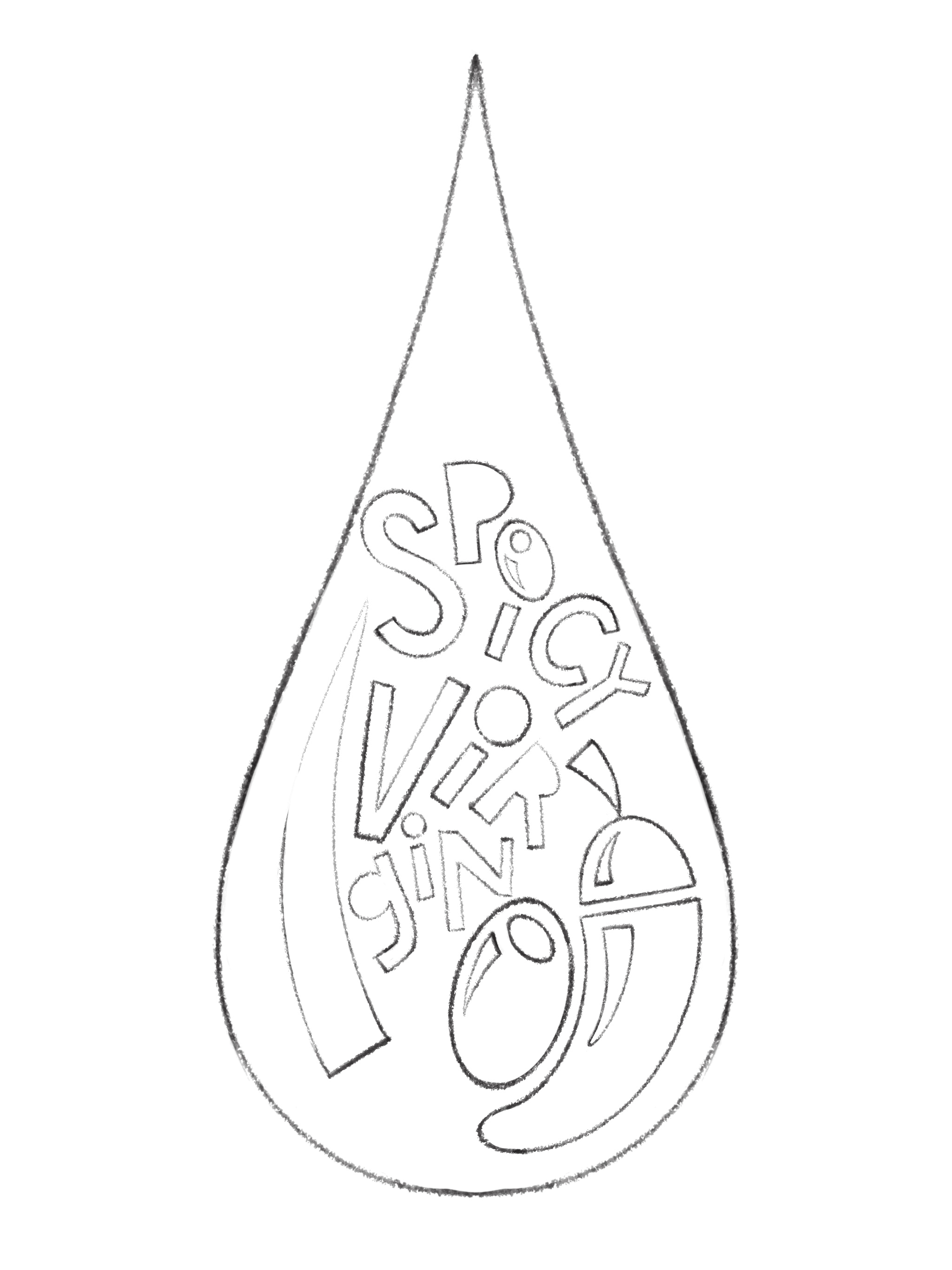 Pencil sketch of a drop-shaped Spicy Virgin mark